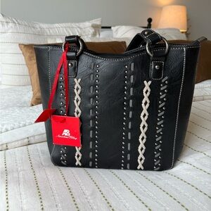 American Bling Black Faux Leather Tote Bag with White Stitching and Silver Studs